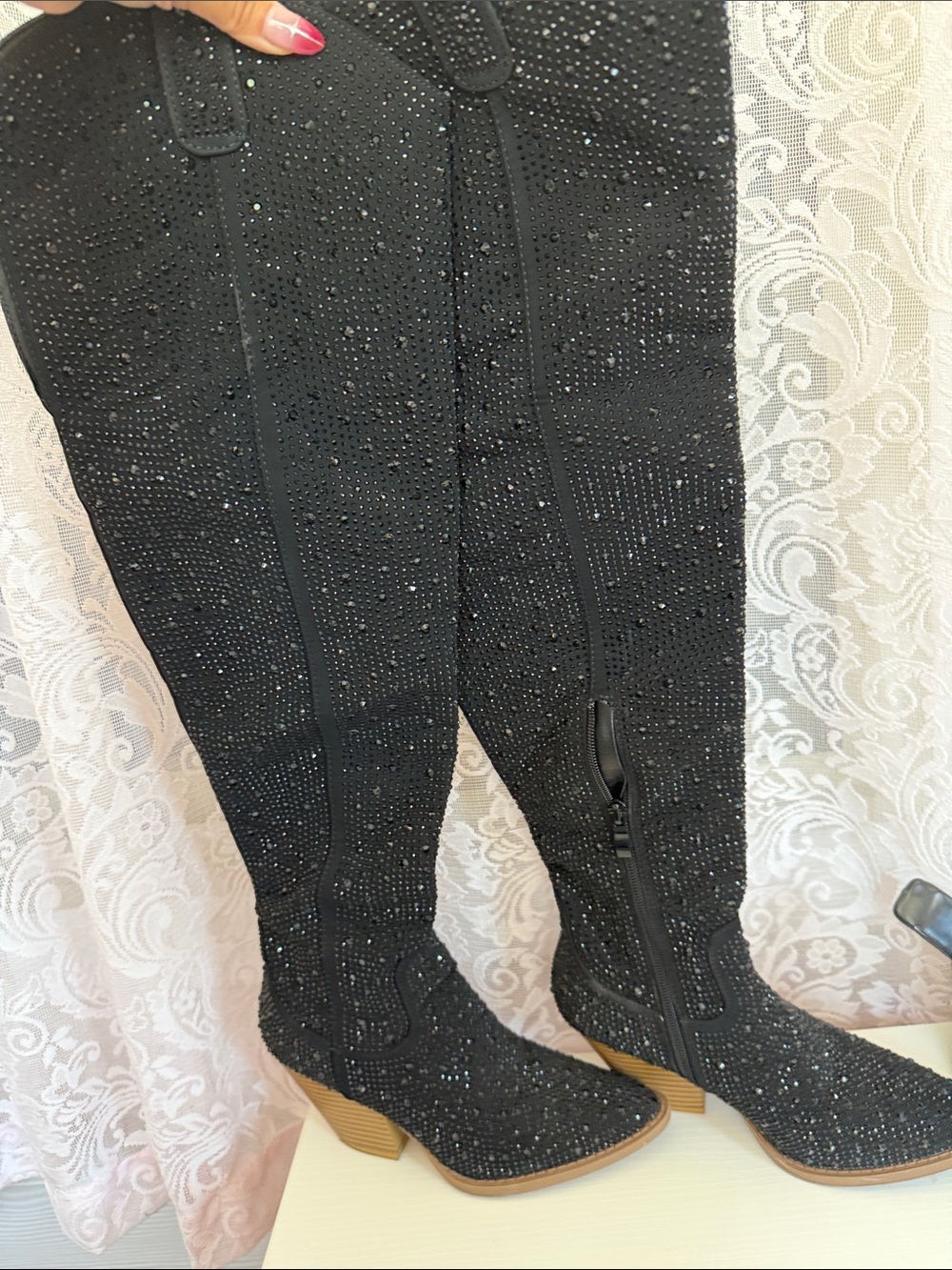 SHEIN Black Over-the-Knee Rhinestone Boots